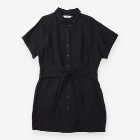 Shirt Dress Linen Front Tie Short Sleeve Black
