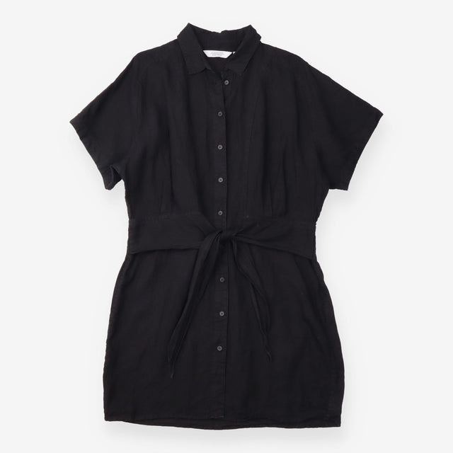 Shirt Dress Linen Front Tie Short Sleeve Black