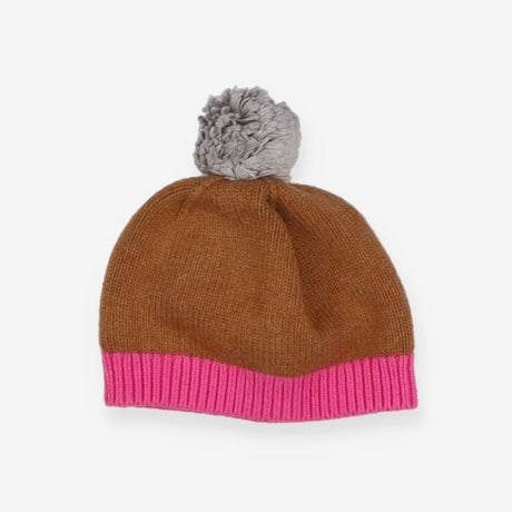 Brown bobble hat with pink band