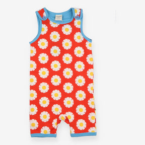 Red daisy short romper with blue seams