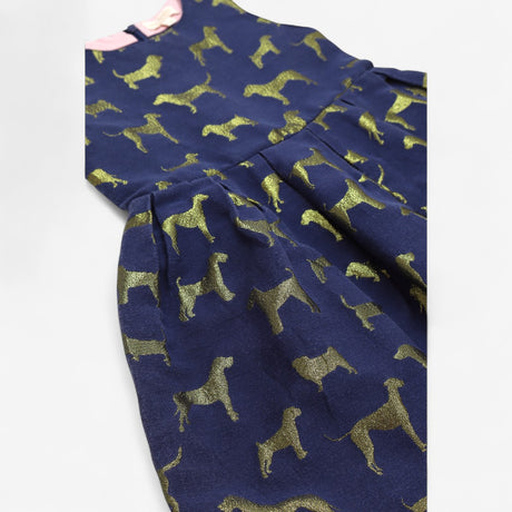 Dress Woven Navy with Golden Dogs