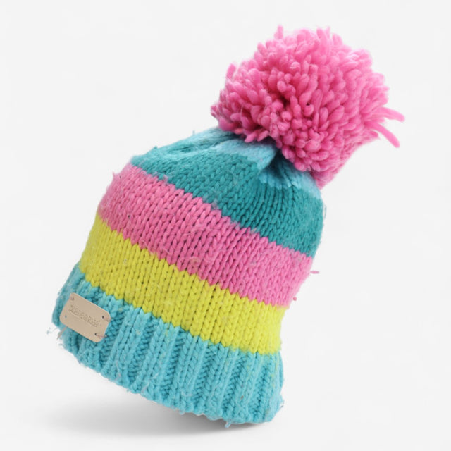 Bobble Hat Green Pink and Yellow Stripe