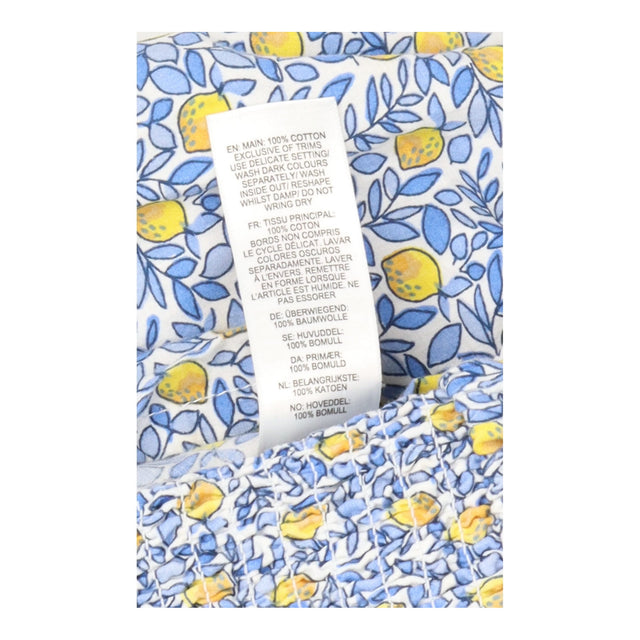 Dress Shirred Bodice Lemon Print Straps Blue Yello
