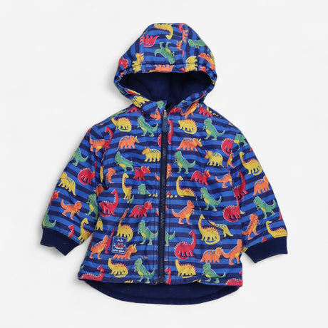 Coat Fleece Lined Blue Stripe Dinosaur Print