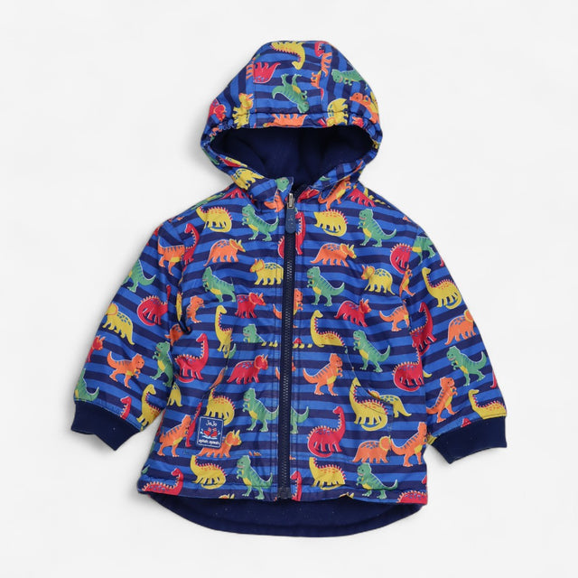 Coat Fleece Lined Blue Stripe Dinosaur Print