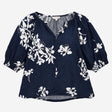 Navy White Floral Pure Linen Puff Sleeve Blouse
