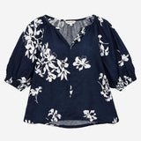 Navy White Floral Pure Linen Puff Sleeve Blouse