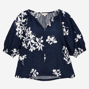 Navy White Floral Pure Linen Puff Sleeve Blouse