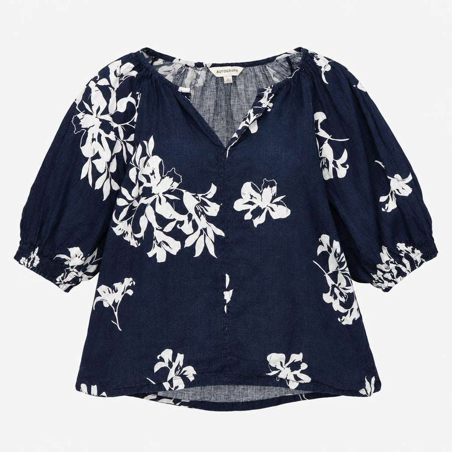 Navy White Floral Pure Linen Puff Sleeve Blouse