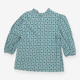 Blue Green Geometric V‑Neck Blouse – 3/4 Sleeve