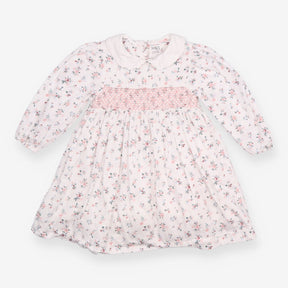 Dress white pink smocking LS small flowers