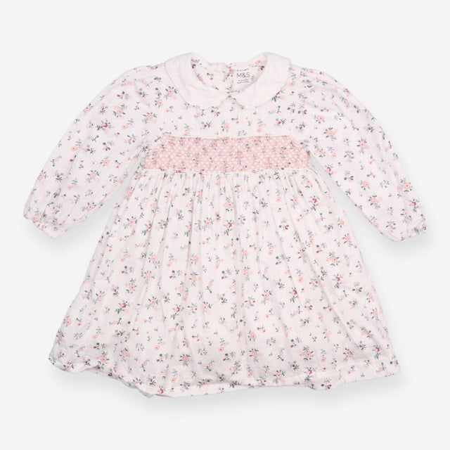Dress white pink smocking LS small flowers