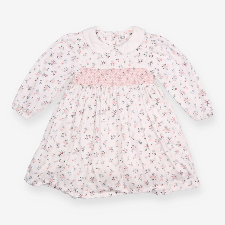 Dress white pink smocking LS small flowers