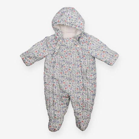Pramsuit white blue flowers white poppers