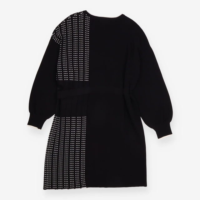 Knitted Dress Black White Asymmetric Belted