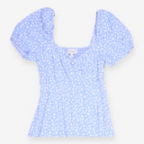 Midi Dress Blue White Floral Print Puff Sleeve Swe