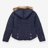 Jacket Hooded Padded Faux Fur Trim Navy Blue