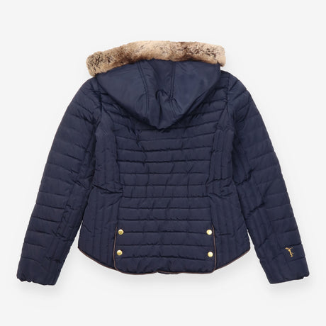Jacket Hooded Padded Faux Fur Trim Navy Blue