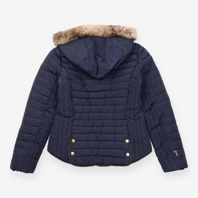 Jacket Hooded Padded Faux Fur Trim Navy Blue