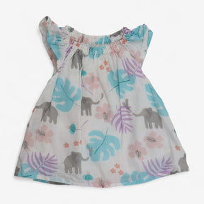 Dress White Woven Elephants & Flowers