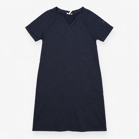 Navy Organic Cotton Broderie Sleeve T-Shirt Dress