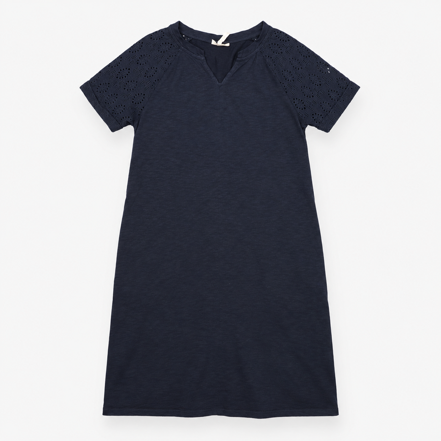 Navy Organic Cotton Broderie Sleeve T-Shirt Dress
