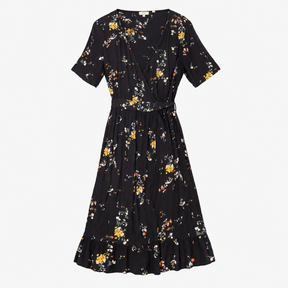 FatFace Black Ditsy Floral Wrap Short Sleeve Midi 
