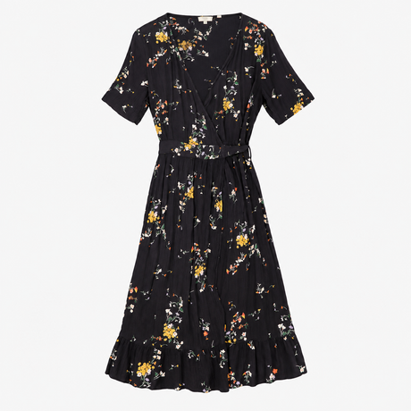 FatFace Black Ditsy Floral Wrap Short Sleeve Midi 