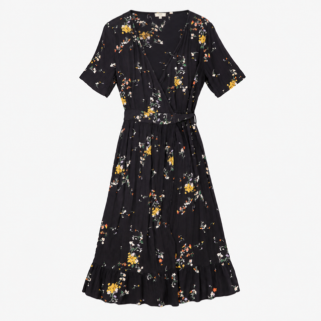 FatFace Black Ditsy Floral Wrap Short Sleeve Midi 