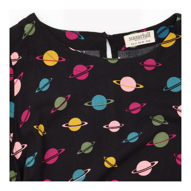 Black Colourful Planet Print Long Sleeve Midi Smoc