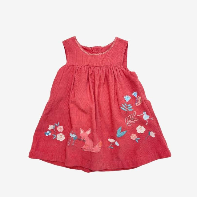 Pink Cord Pinafore Dress with Fox and Birds