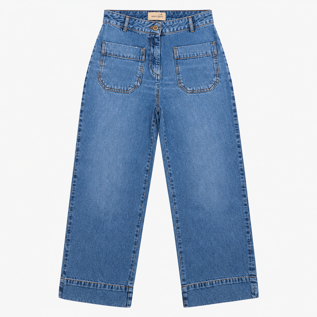 High Waist Patch Pocket Straight Leg Jeans Mid Blu