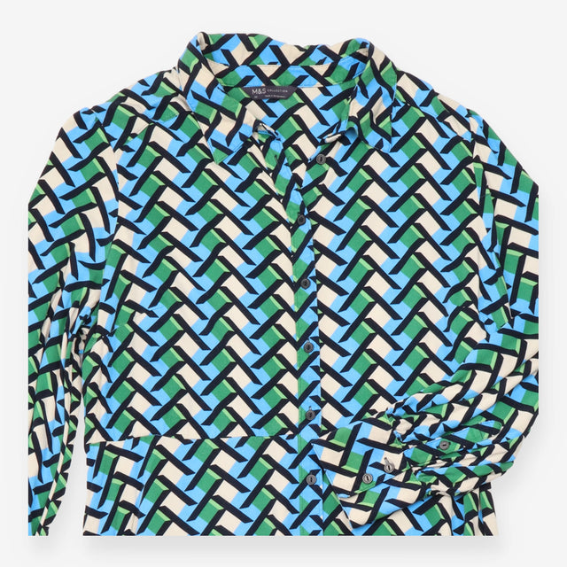 Shirt Dress Blue Green Geometric Print Midi