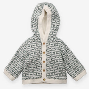 Hooded Cardigan White with Green pattern and Faux 