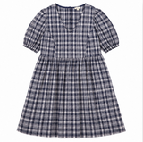 Navy & White Check Puff Sleeve V-Neck Midi Dress