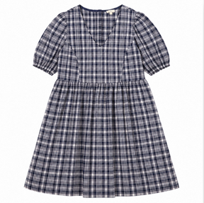 Navy & White Check Puff Sleeve V-Neck Midi Dress