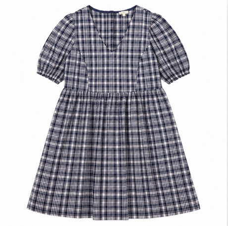 Navy & White Check Puff Sleeve V-Neck Midi Dress