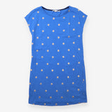 Dress Blue Gold Metallic Foil Floral Print Short S