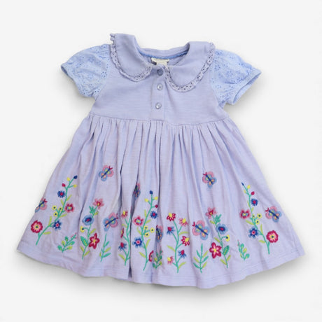 Dress blue SS collar embroidered flowers butterfli