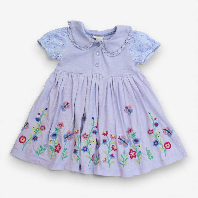 Dress blue SS collar embroidered flowers butterfli