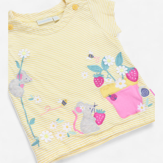 T-shirt Yellow Stripe with Daisies and Mice Appliq