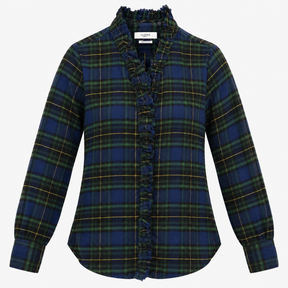 Shirt Blue Green Tartan Check Cotton Ruffle Trim