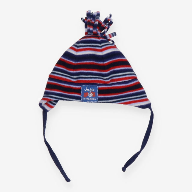 Fleece hat blue/red stripe with bobble