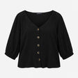 Black Crinkle Textured Modal Stretch V Neck Button