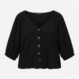 Black Crinkle Textured Modal Stretch V Neck Button