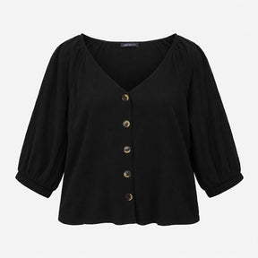 Black Crinkle Textured Modal Stretch V Neck Button