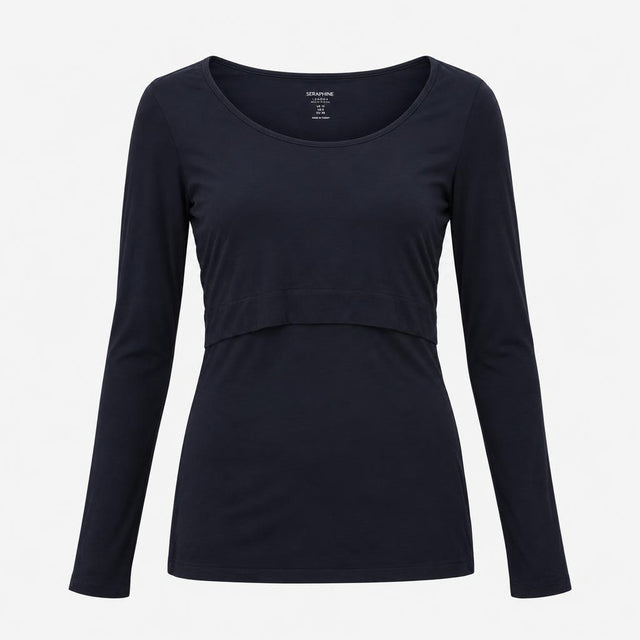 Navy Blue Viscose Stretch Scoop Neck Long Sleeve N