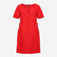 Bright Red Linen Short Sleeve Keyhole Neck Belted 