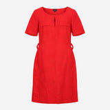 Bright Red Linen Short Sleeve Keyhole Neck Belted 