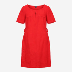 Bright Red Linen Short Sleeve Keyhole Neck Belted 